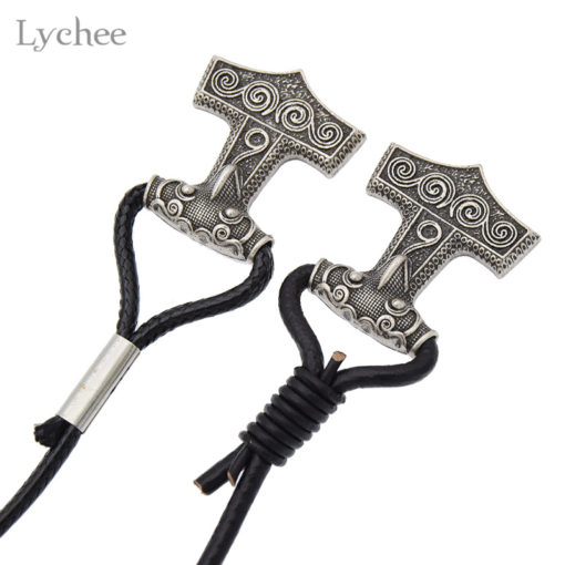 Vintage Silver Metal Viking Thors Hammer Charm Leather Rope Chain - Image 3