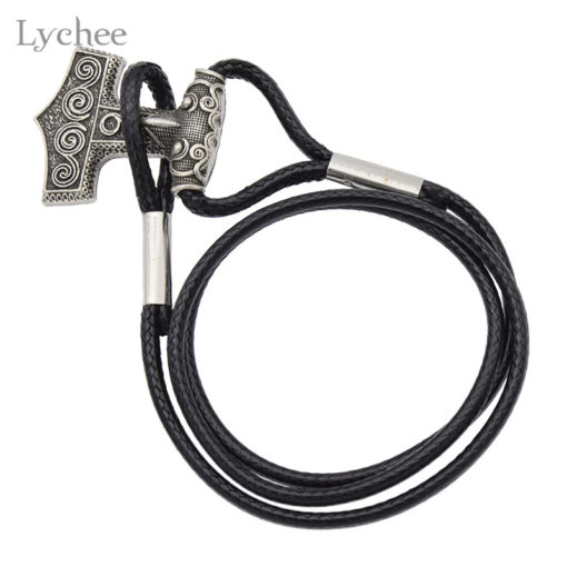 Vintage Silver Metal Viking Thors Hammer Charm Leather Rope Chain - Image 5