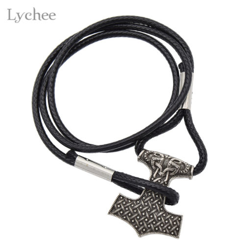 Vintage Silver Metal Viking Thors Hammer Charm Leather Rope Chain - Image 6