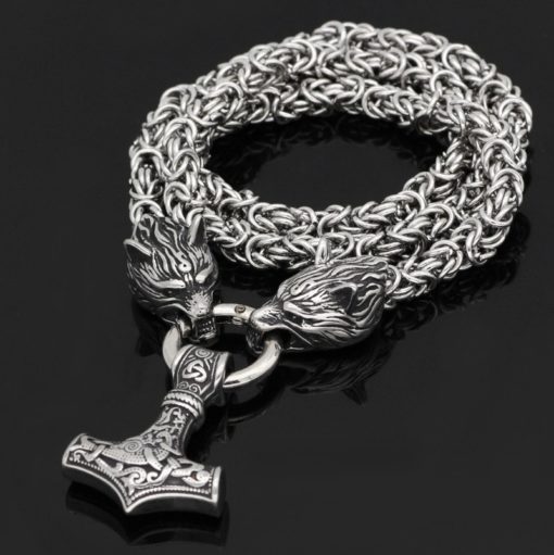 Viking Thor's Hammer Geri and Freki Wolf Necklace - Image 3