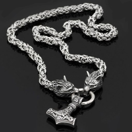 Viking Thor's Hammer Geri and Freki Wolf Necklace - Image 4
