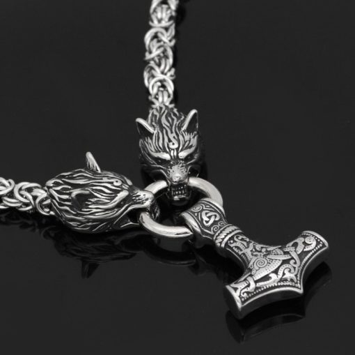 Viking Thor's Hammer Geri and Freki Wolf Necklace - Image 5