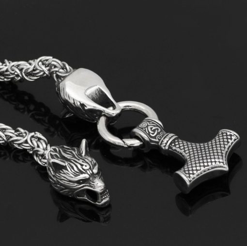 Viking Thor's Hammer Geri and Freki Wolf Necklace - Image 6
