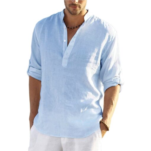 Mens Casual Cotton Linen Shirt Long Sleeve - Image 2