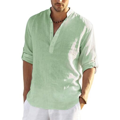 Mens Casual Cotton Linen Shirt Long Sleeve - Image 3