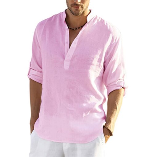 Mens Casual Cotton Linen Shirt Long Sleeve - Image 4