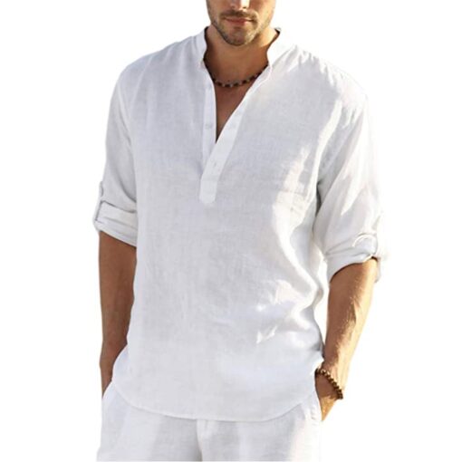 Mens Casual Cotton Linen Shirt Long Sleeve - Image 5