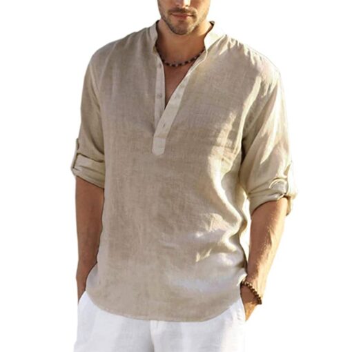 Mens Casual Cotton Linen Shirt Long Sleeve