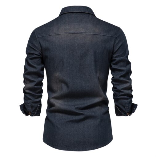Mens Elastic Cotton Denim Shirt Long Sleeve Cowboy Casual Slim Fit - Image 3