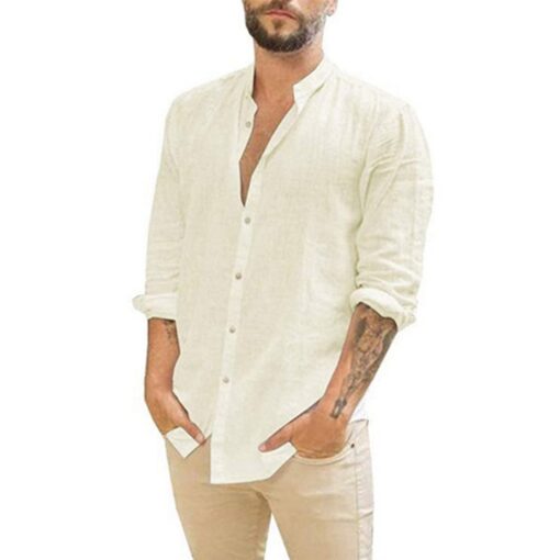 Mens Long-Sleeved Shirts Summer Solid Color Cotton Linen Stand-Up Collar