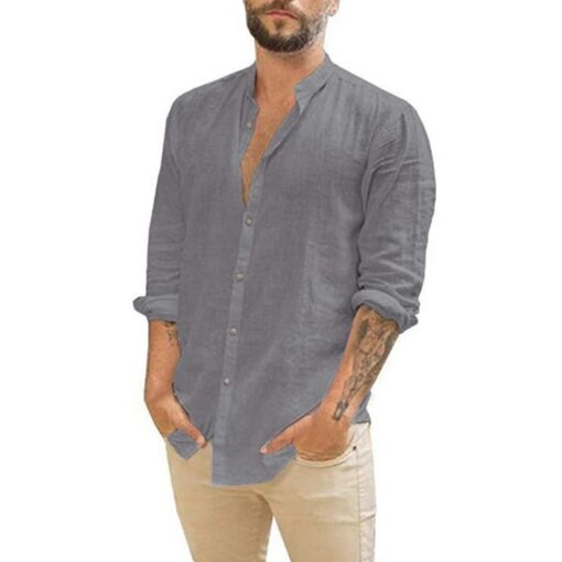 Mens Long-Sleeved Shirts Summer Solid Color Cotton Linen Stand-Up Collar - Image 2