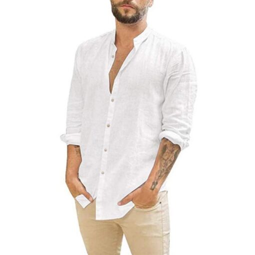 Mens Long-Sleeved Shirts Summer Solid Color Cotton Linen Stand-Up Collar - Image 3