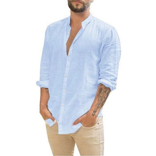 Mens Long-Sleeved Shirts Summer Solid Color Cotton Linen Stand-Up Collar - Image 4