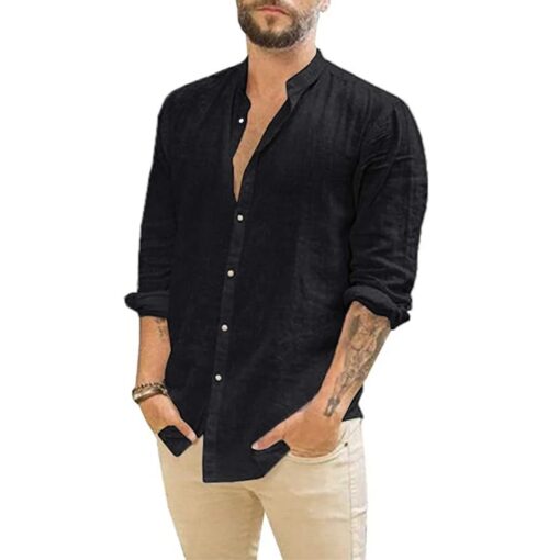Mens Long-Sleeved Shirts Summer Solid Color Cotton Linen Stand-Up Collar - Image 5