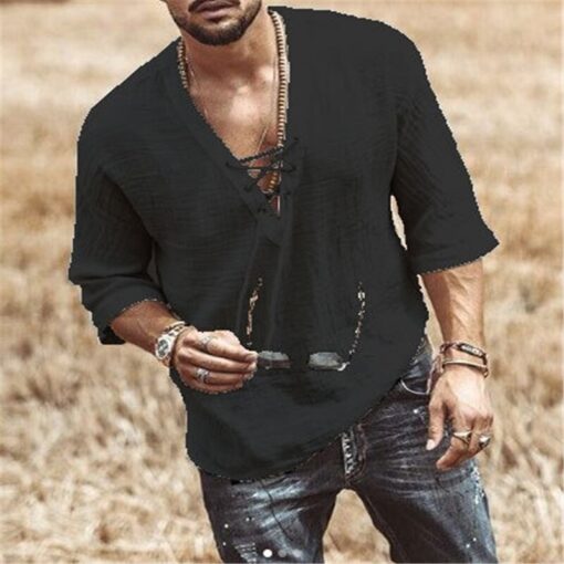 Mens Linen Shirt Casual Mid Sleeve V Neck - Image 2
