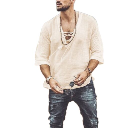 Mens Linen Shirt Casual Mid Sleeve V Neck - Image 3