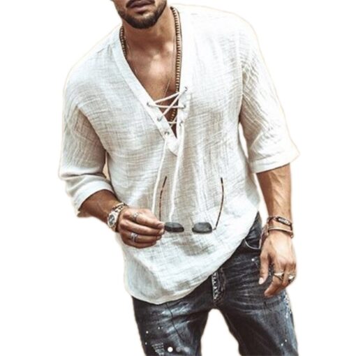 Mens Linen Shirt Casual Mid Sleeve V Neck - Image 4