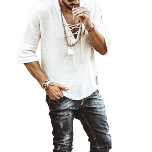 Mens Linen Shirt Casual Mid Sleeve V Neck - Image 5