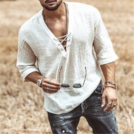 Mens Linen Shirt Casual Mid Sleeve V Neck