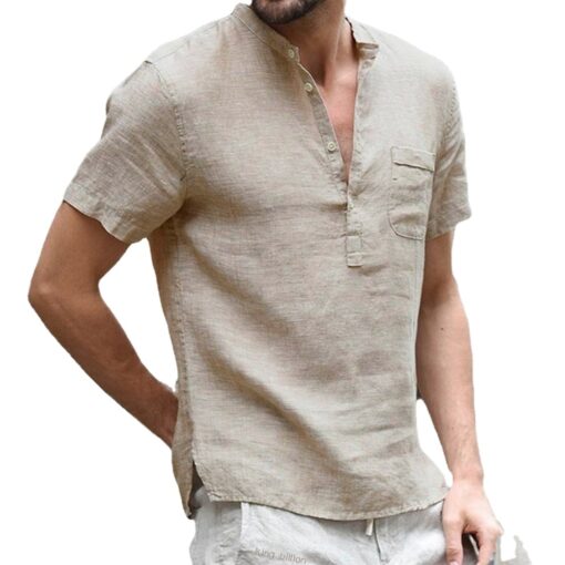 Mens Short-Sleeved T-shirt Cotton and Linen Casual Shirt